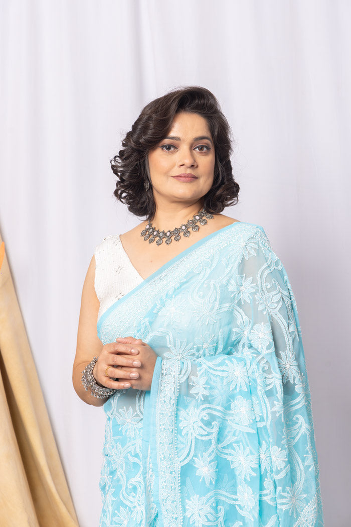 Sky Blue Colour Georgette  Lucknowi Chikankari Saree With Blouse