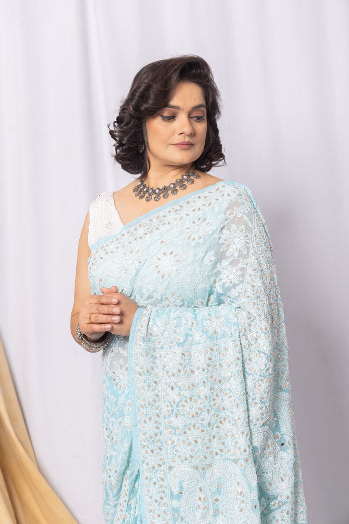 Sky Blue Colour Georgette Chikankari Saree With Blouse