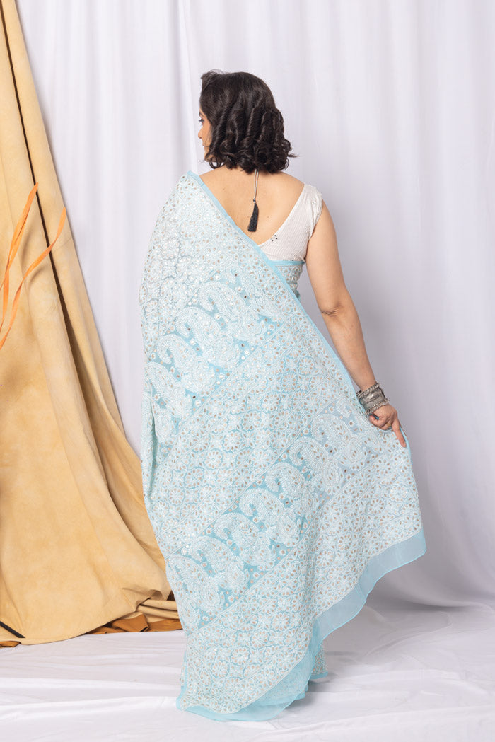 Sky Blue Colour Georgette Chikankari Saree With Blouse