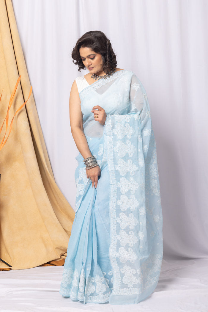 Blue Colour Cotton Lucknowi Chikankari Saree With Blouse