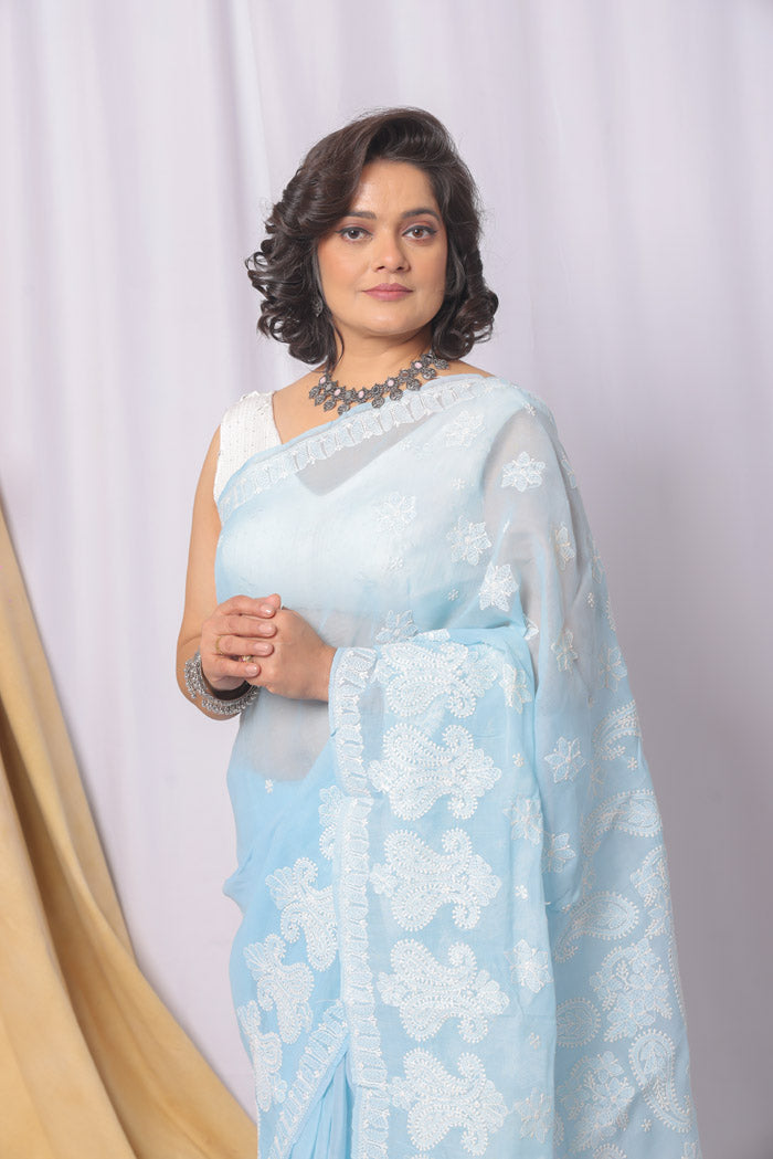 Blue Colour Cotton Lucknowi Chikankari Saree With Blouse