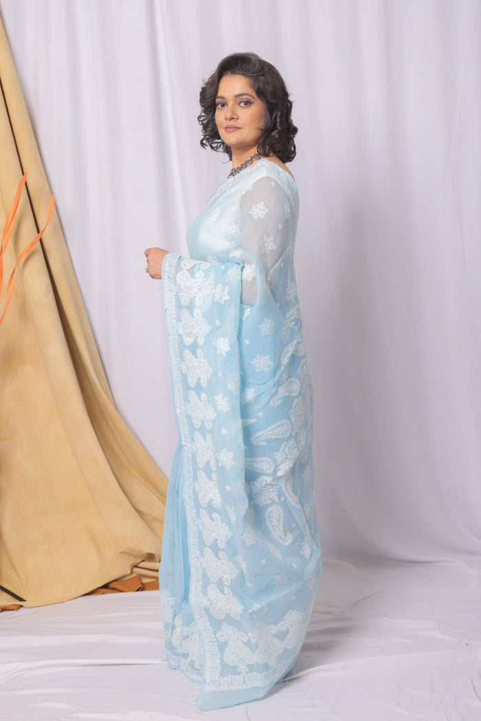 Blue Colour Cotton Lucknowi Chikankari Saree With Blouse