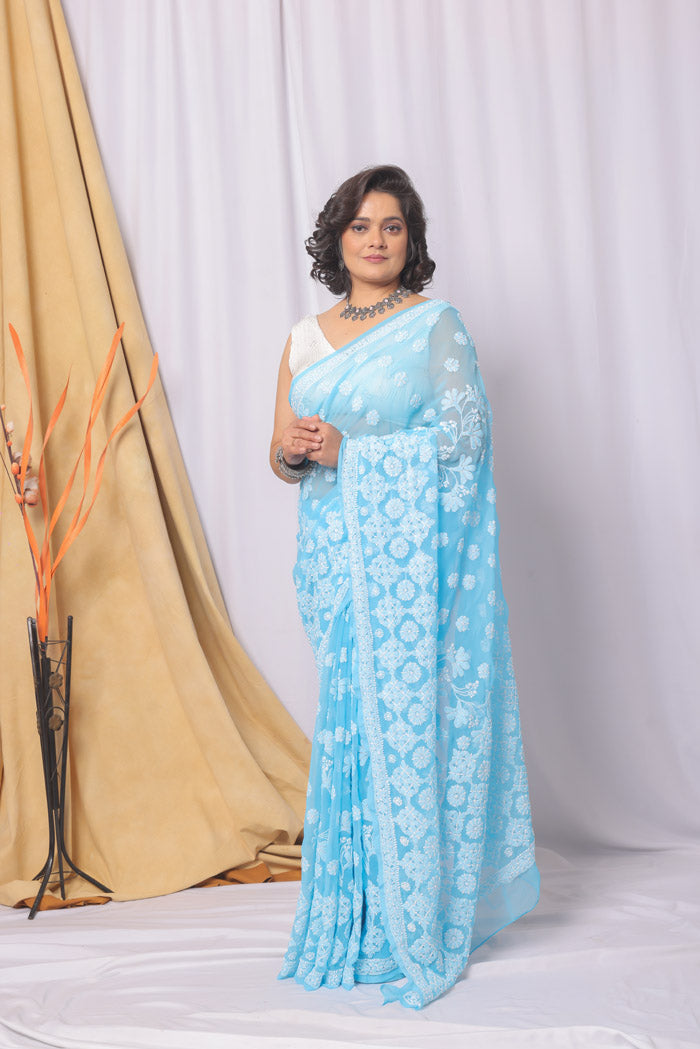 Sky Blue Colour Georgette Lucknowi Chikankari Saree With Blouse