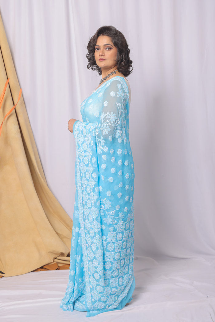 Sky Blue Colour Georgette Lucknowi Chikankari Saree With Blouse