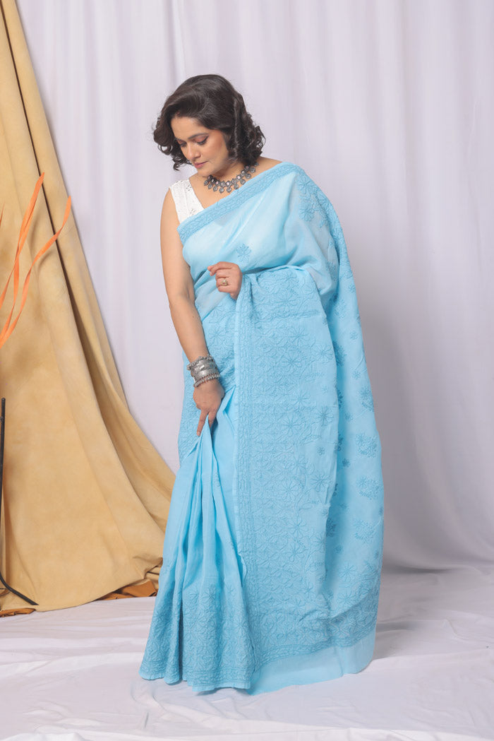 Blue Colour Cotton Lucknowi Chikankari Saree With Blouse