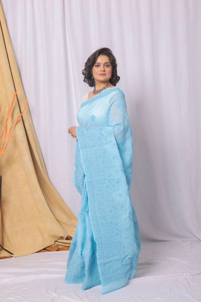 Blue Colour Cotton Lucknowi Chikankari Saree With Blouse