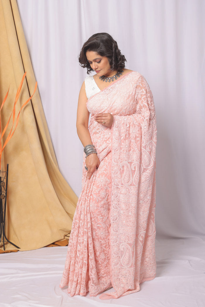 Peach Colour Georgette  Lucknowi Chikankari Saree With Blouse