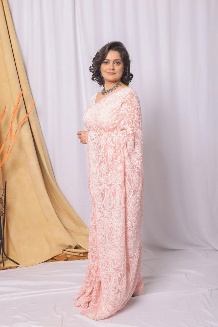 Peach Colour Georgette  Lucknowi Chikankari Saree With Blouse