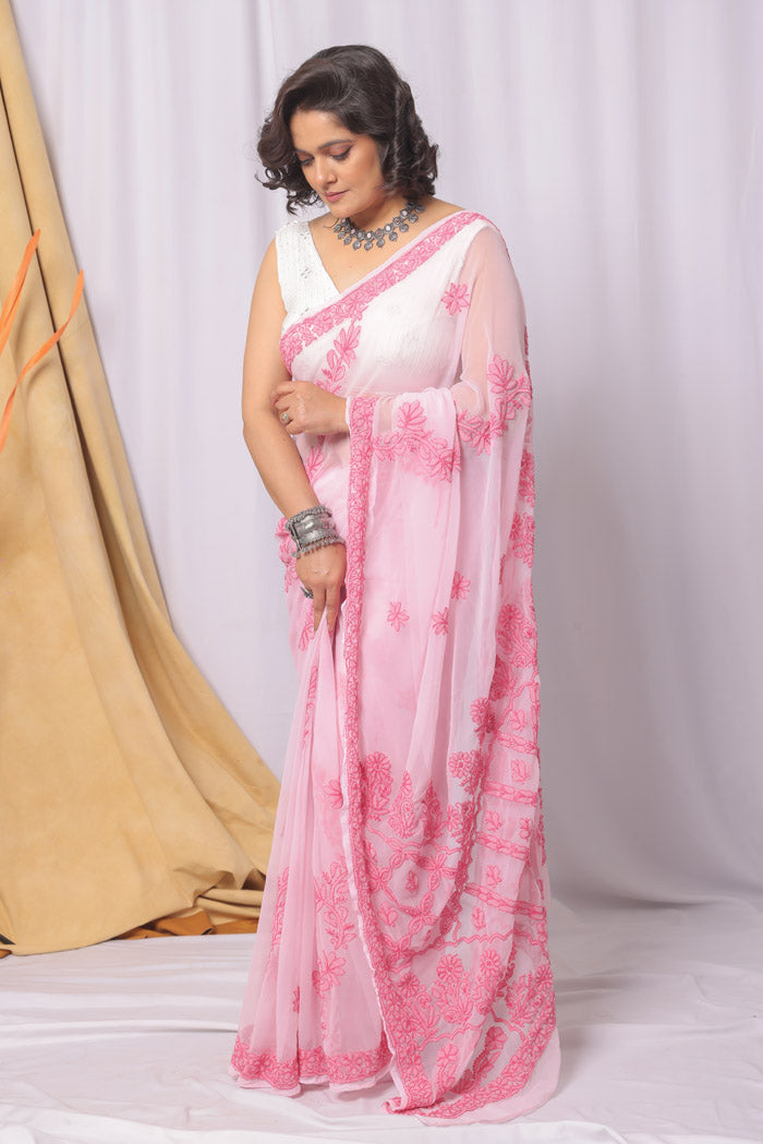 Pink Colour Georgette Chikankari Saree With Blouse