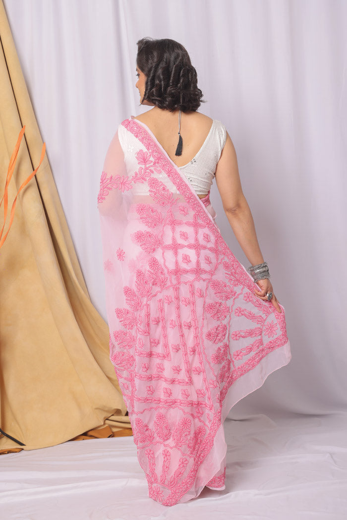 Pink Colour Georgette Chikankari Saree With Blouse