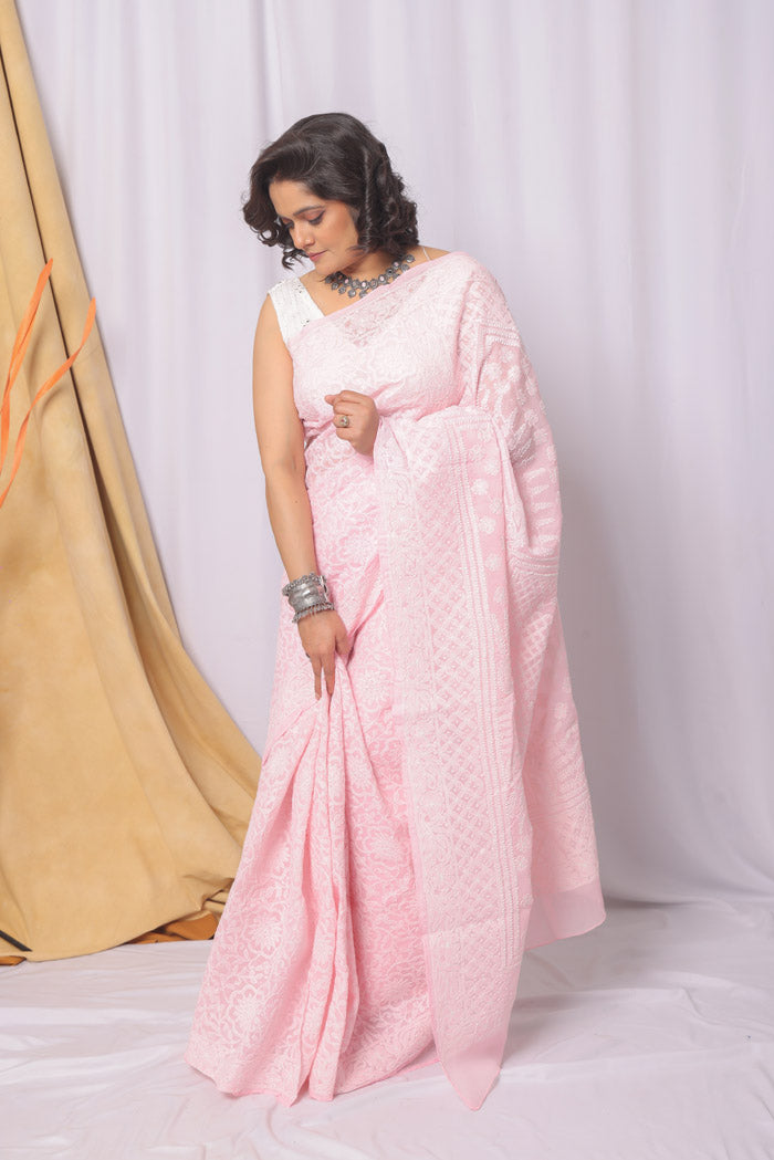 Baby Pink Colour Cotton  Lucknowi Chikankari Saree With Blouse