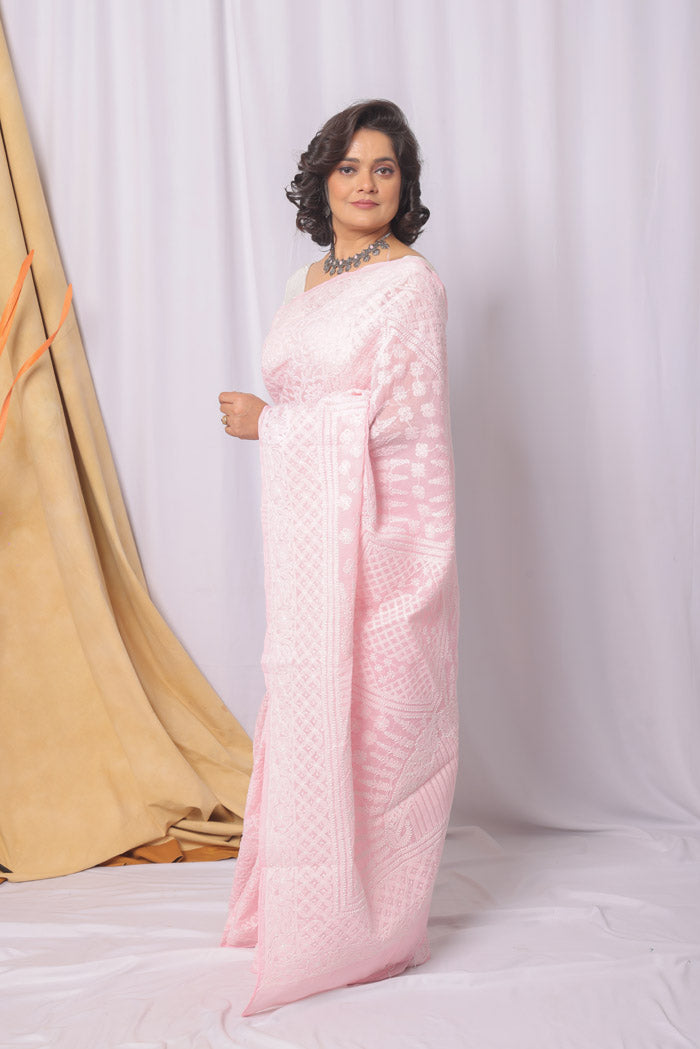 Baby Pink Colour Cotton  Lucknowi Chikankari Saree With Blouse