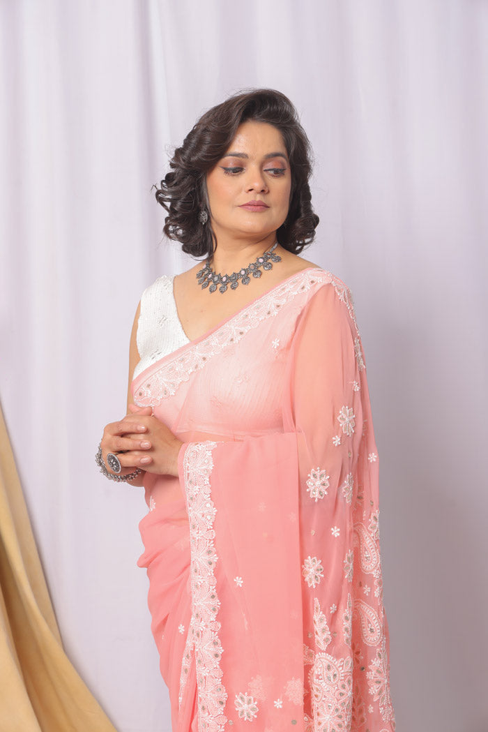 Peach Colour Georgette  Lucknowi Chikankari Saree With Blouse