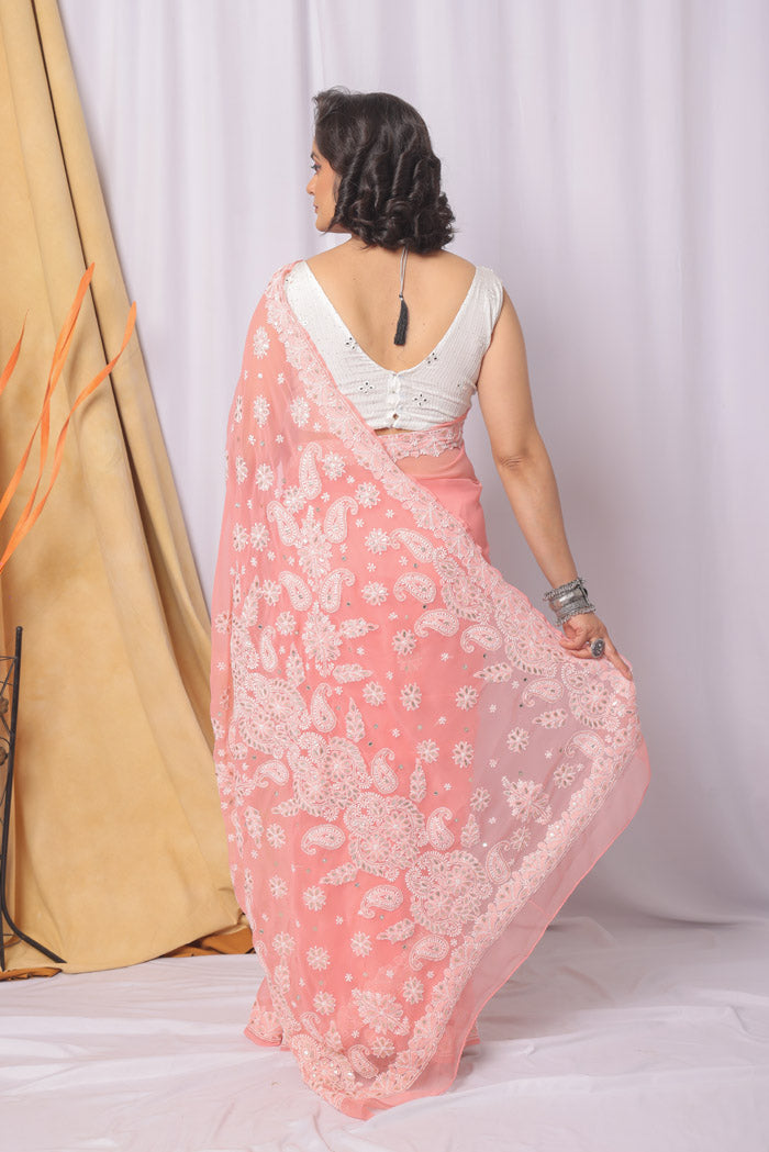 Peach Colour Georgette  Lucknowi Chikankari Saree With Blouse