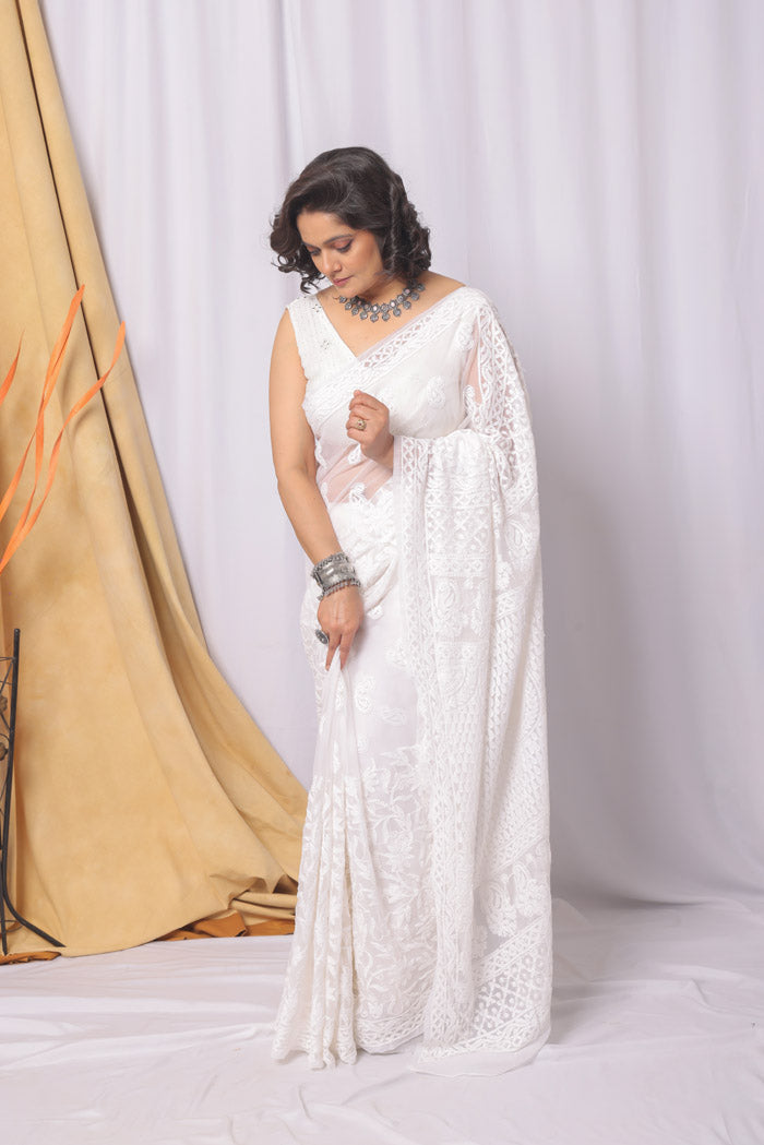 White Colour Georgette  Lucknowi Chikankari Saree With Blouse