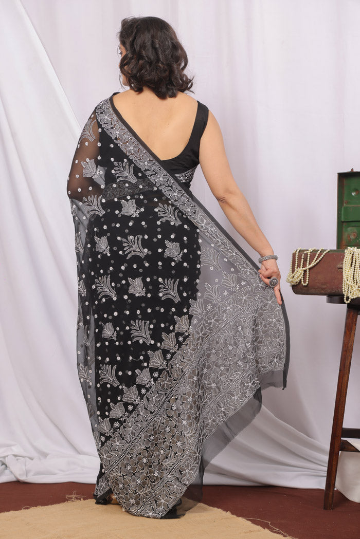 Black Colour Georgette Bootijal Lucknowi Chikankari Saree With Blouse