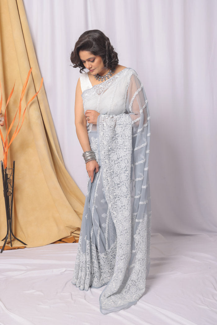 Gray Colour Georgette  Lucknowi Chikankari Saree With Blouse