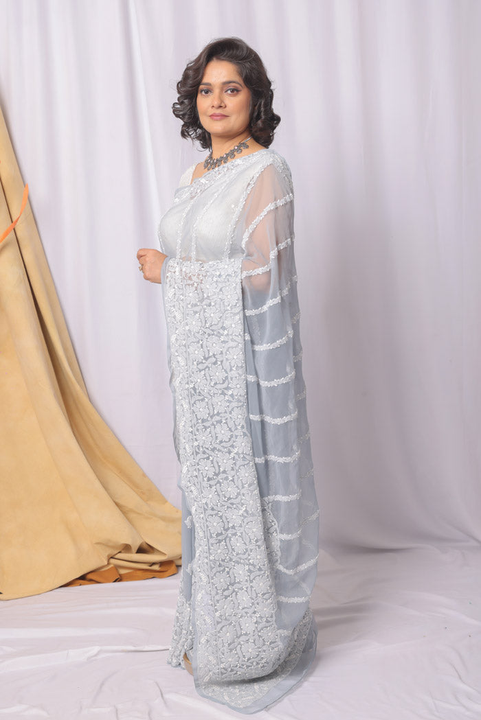 Gray Colour Georgette  Lucknowi Chikankari Saree With Blouse