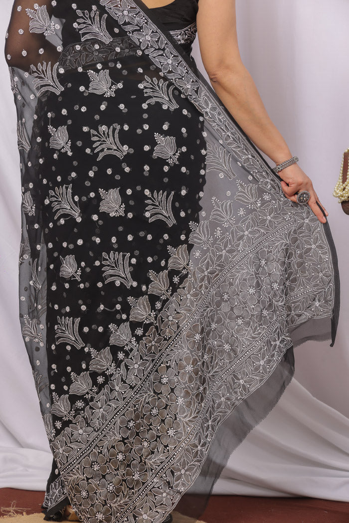 Black Colour Georgette Bootijal Lucknowi Chikankari Saree With Blouse