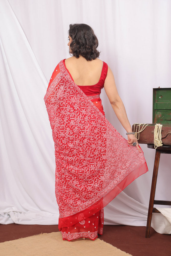 Red Color Booti Jaal Lucknowi Chikankari Saree With Blouse