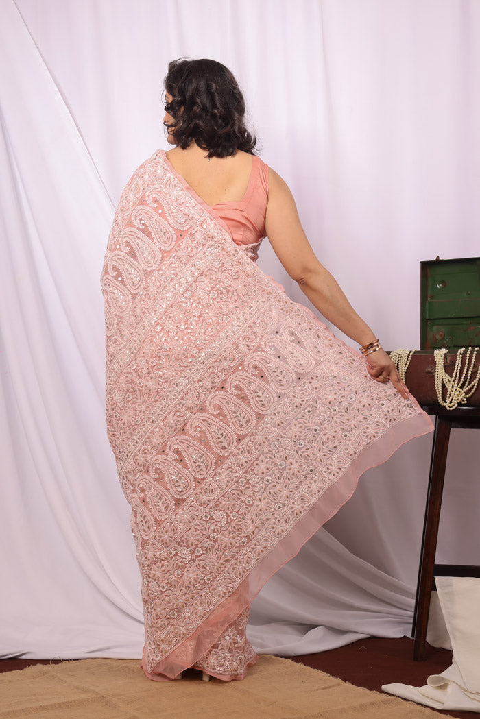 Peach Colour Georgette Lucknowi Chikankari Saree With Blouse