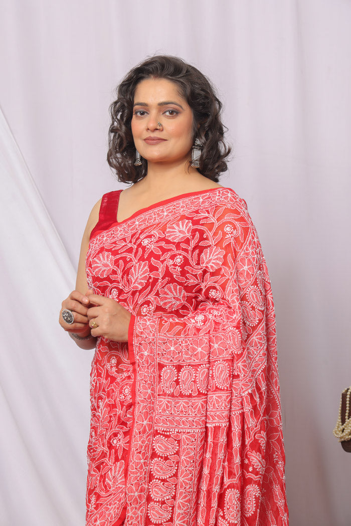 Red Colour Georgette  Lucknowi Chikankari Saree With Blouse