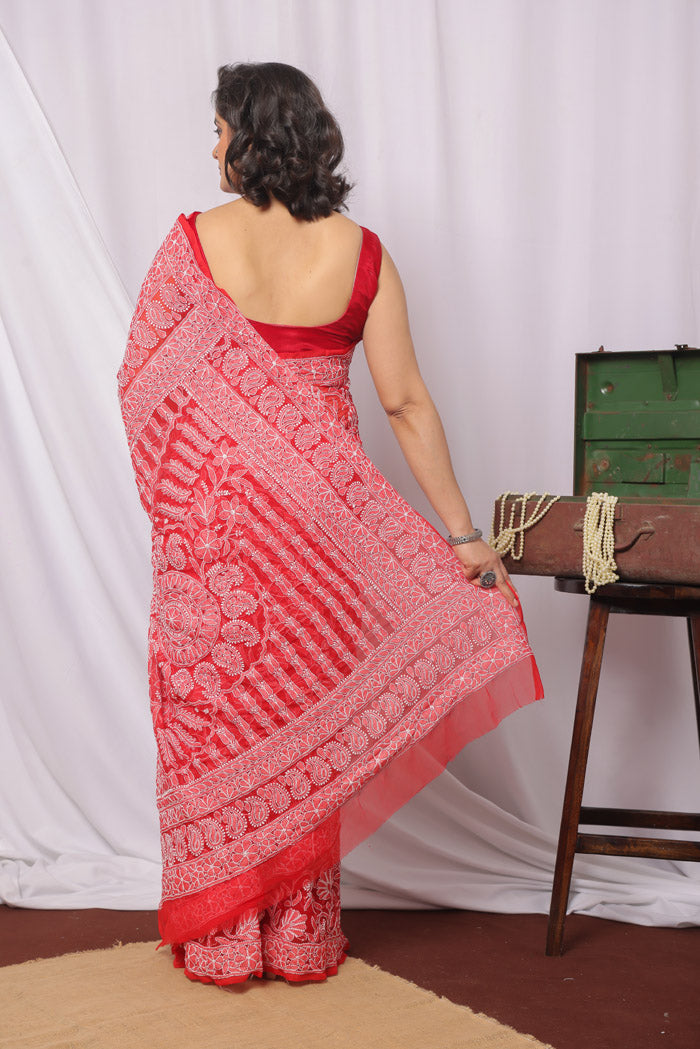 Red Colour Georgette  Lucknowi Chikankari Saree With Blouse