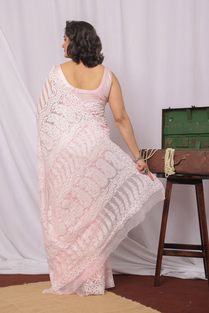 Baby Pink Colour Georgette  Lucknowi Chikankari Saree With Blouse