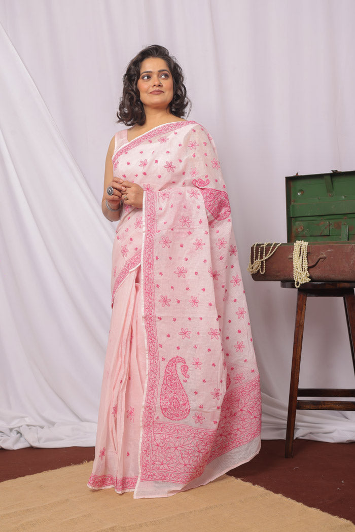 Fabnuma Handcrafted Pink Kota Cotton Chikankari Saree-Blouse