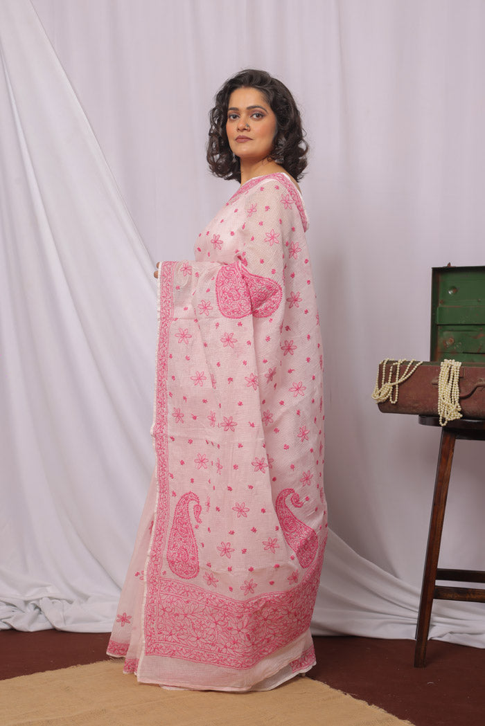 Fabnuma Handcrafted Pink Kota Cotton Chikankari Saree-Blouse