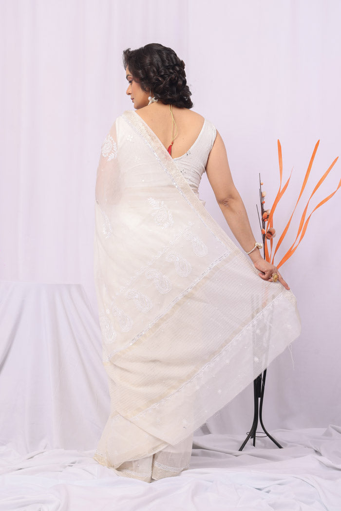 White Colour Chanderi Silk Lucknowi Chikankari Saree With Blouse