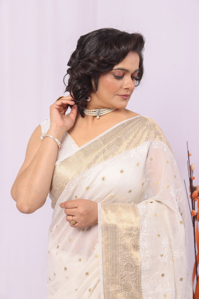 White Colour Chanderi Silk Chikankari Saree With Blouse