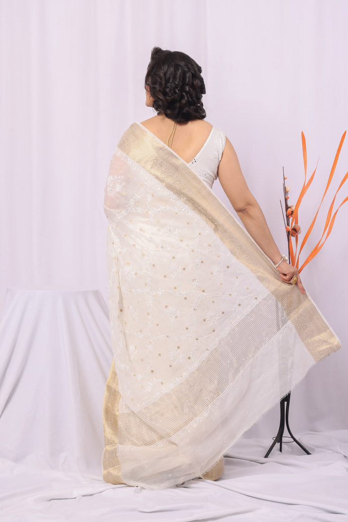 White Colour Chanderi Silk Chikankari Saree With Blouse