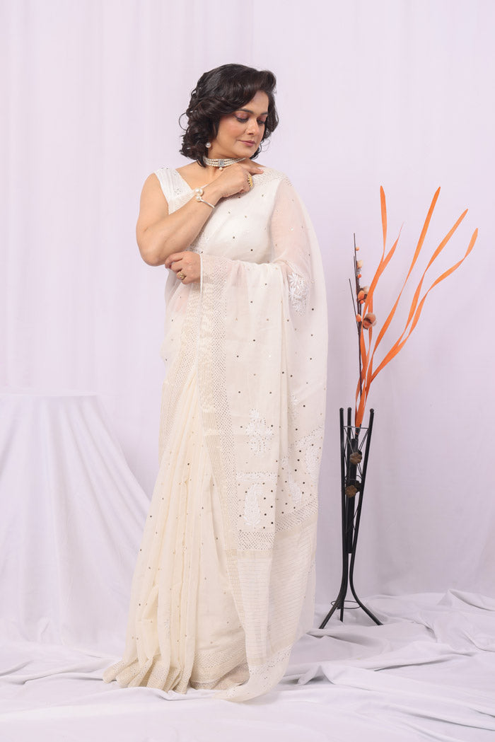 White Colour Chanderi Chikankari Saree With Blouse