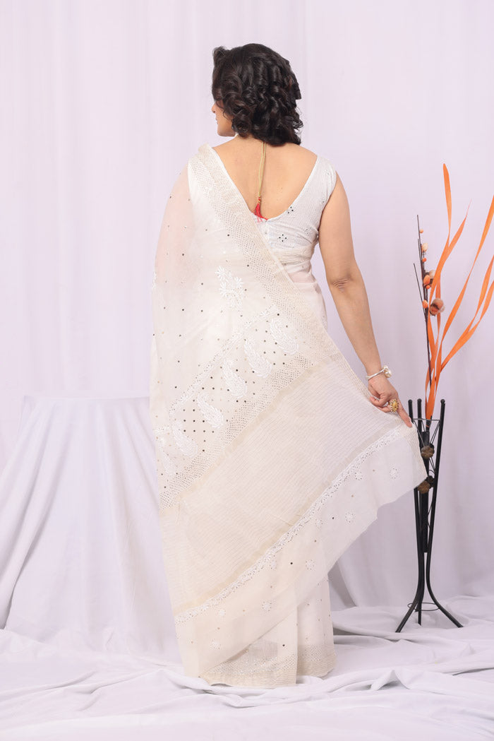 White Colour Chanderi Chikankari Saree With Blouse