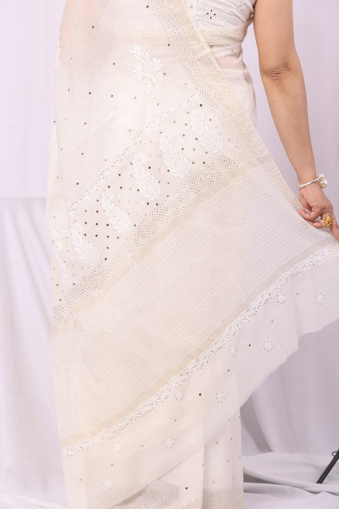 White Colour Chanderi Chikankari Saree With Blouse