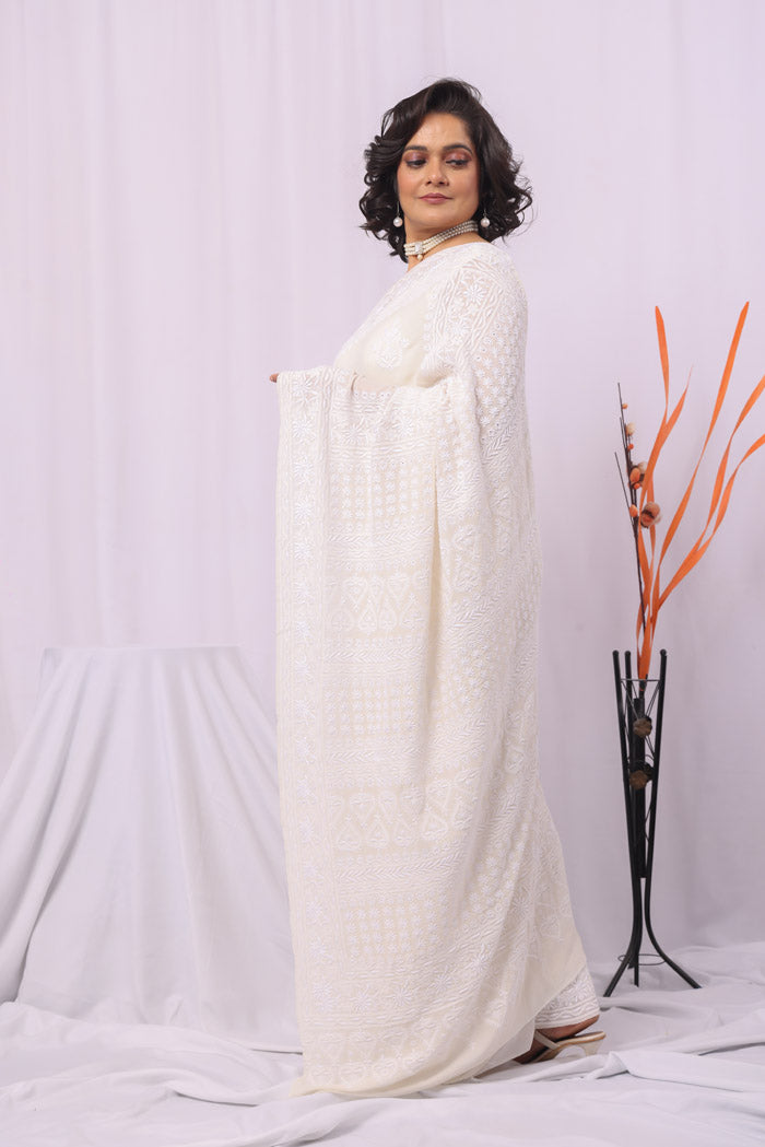 White Colour Pure Georgette Lucknowi Chikankari Saree With Blouse