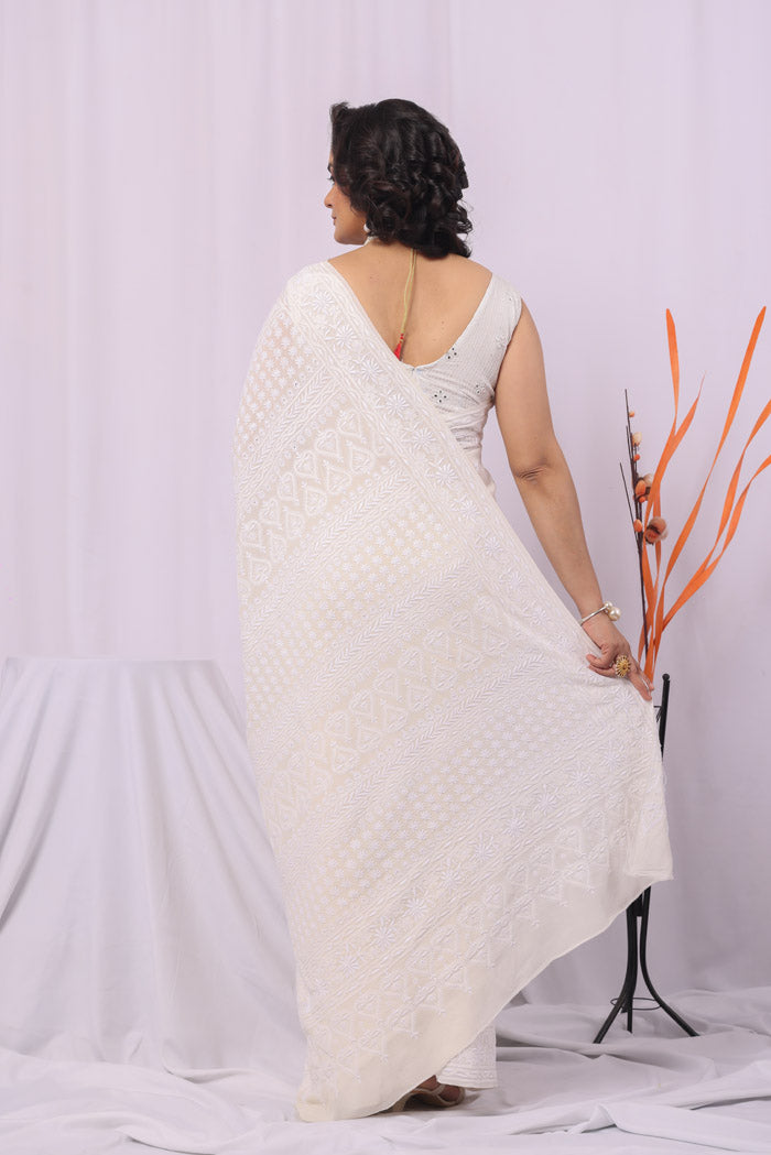 White Colour Pure Georgette Lucknowi Chikankari Saree With Blouse