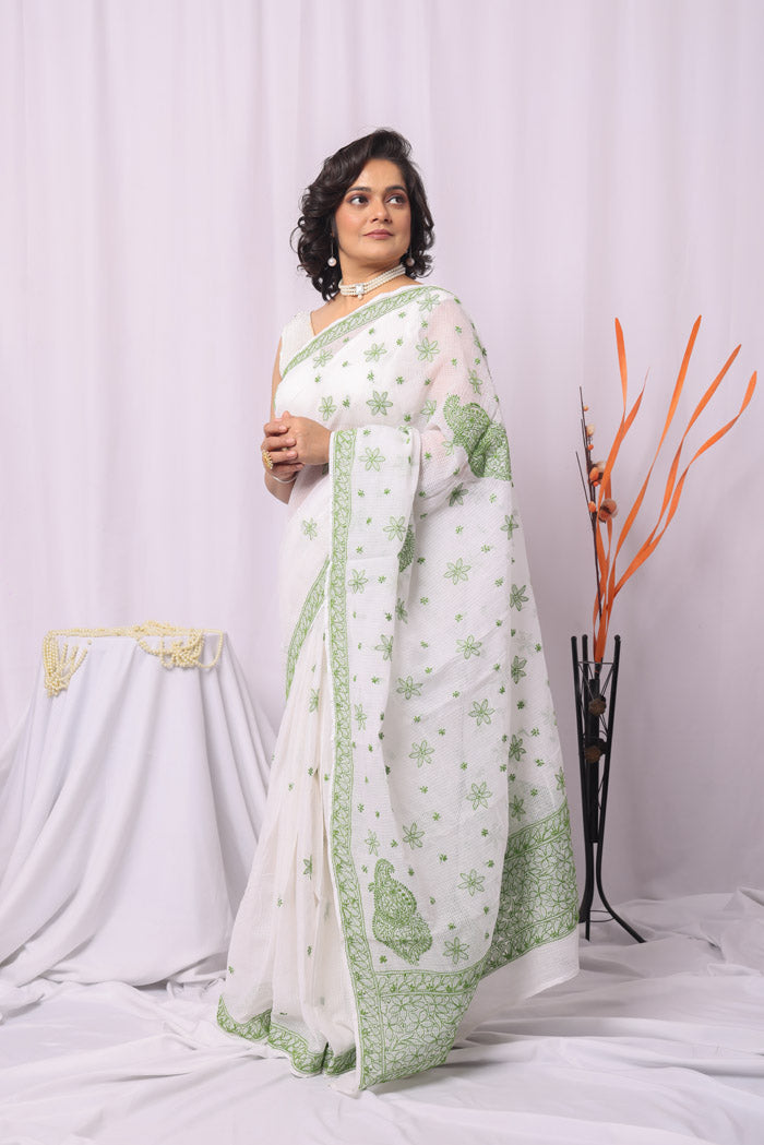 Fabnuma Handcrafted White Kota Cotton Chikankari Saree-Blouse