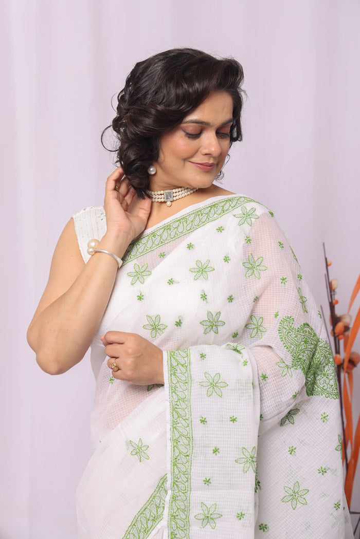 Fabnuma Handcrafted White Kota Cotton Chikankari Saree-Blouse