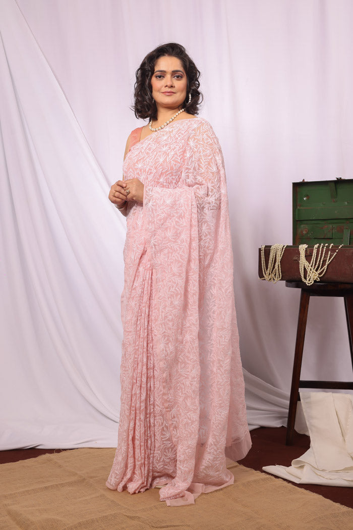 Fabnuma Handcrafted Peach Georgette Tepchi Chikankari Saree-Blouse