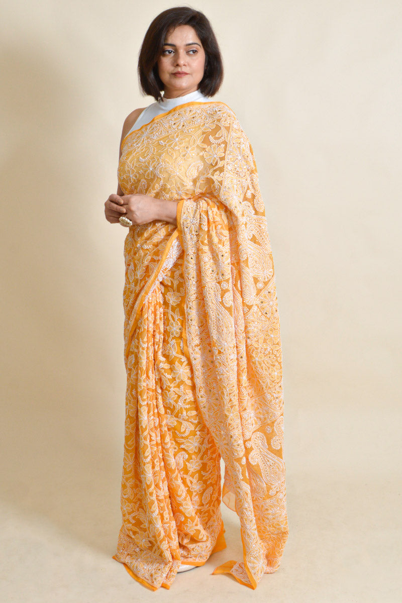 Orange Colour Georgette Lucknowi Chikankari Saree With Blouse