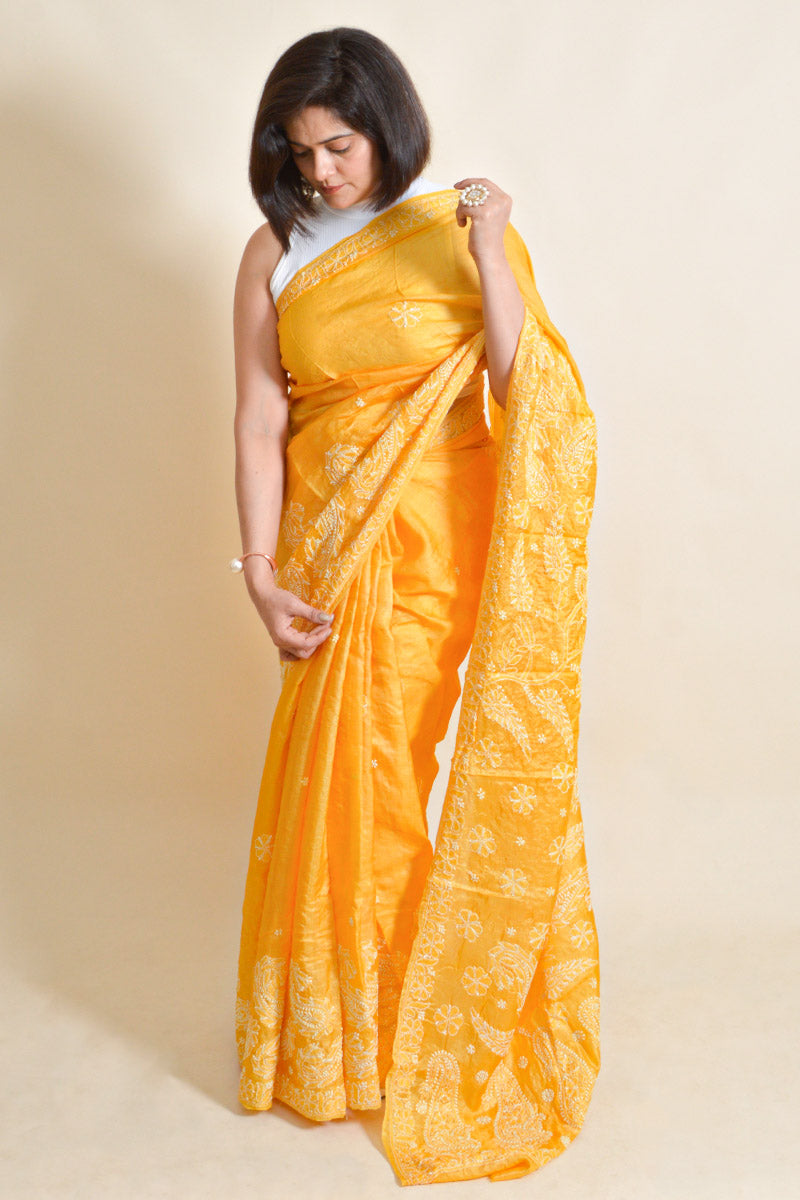 Yellow Colour  Tussar Silk  Lucknowi Chikankari Saree With Blouse