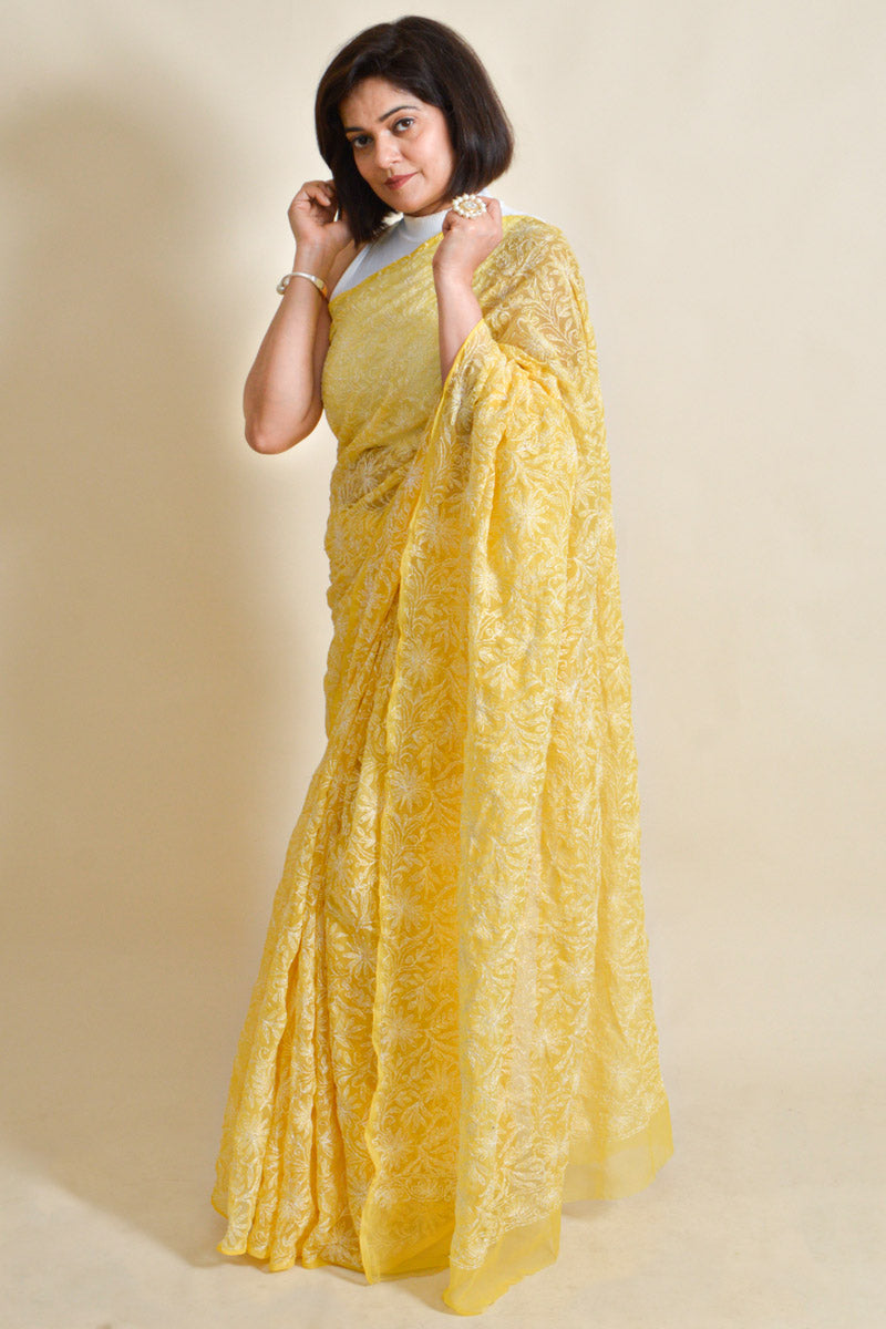 Yellow Colour Georgette Lucknowi Chikankari Saree with Blouse