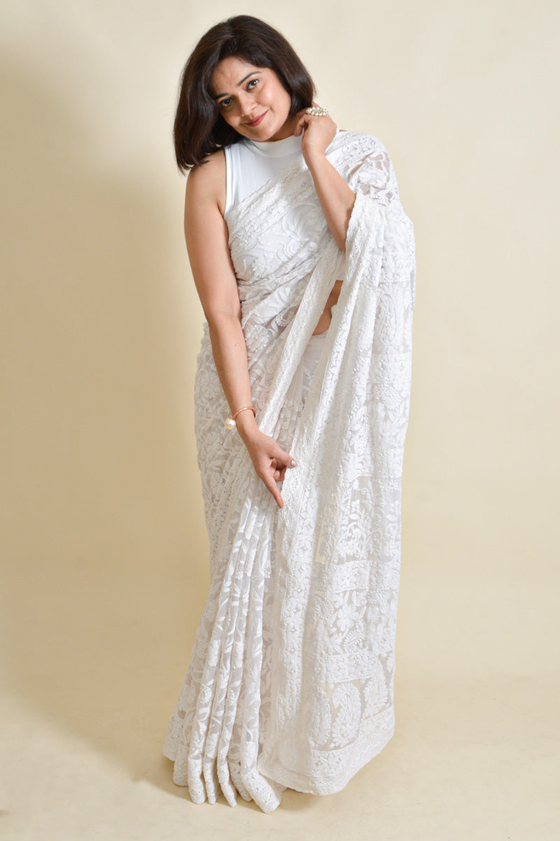 White Colour Georgette Lucknowi Chikankari Saree With Blouse