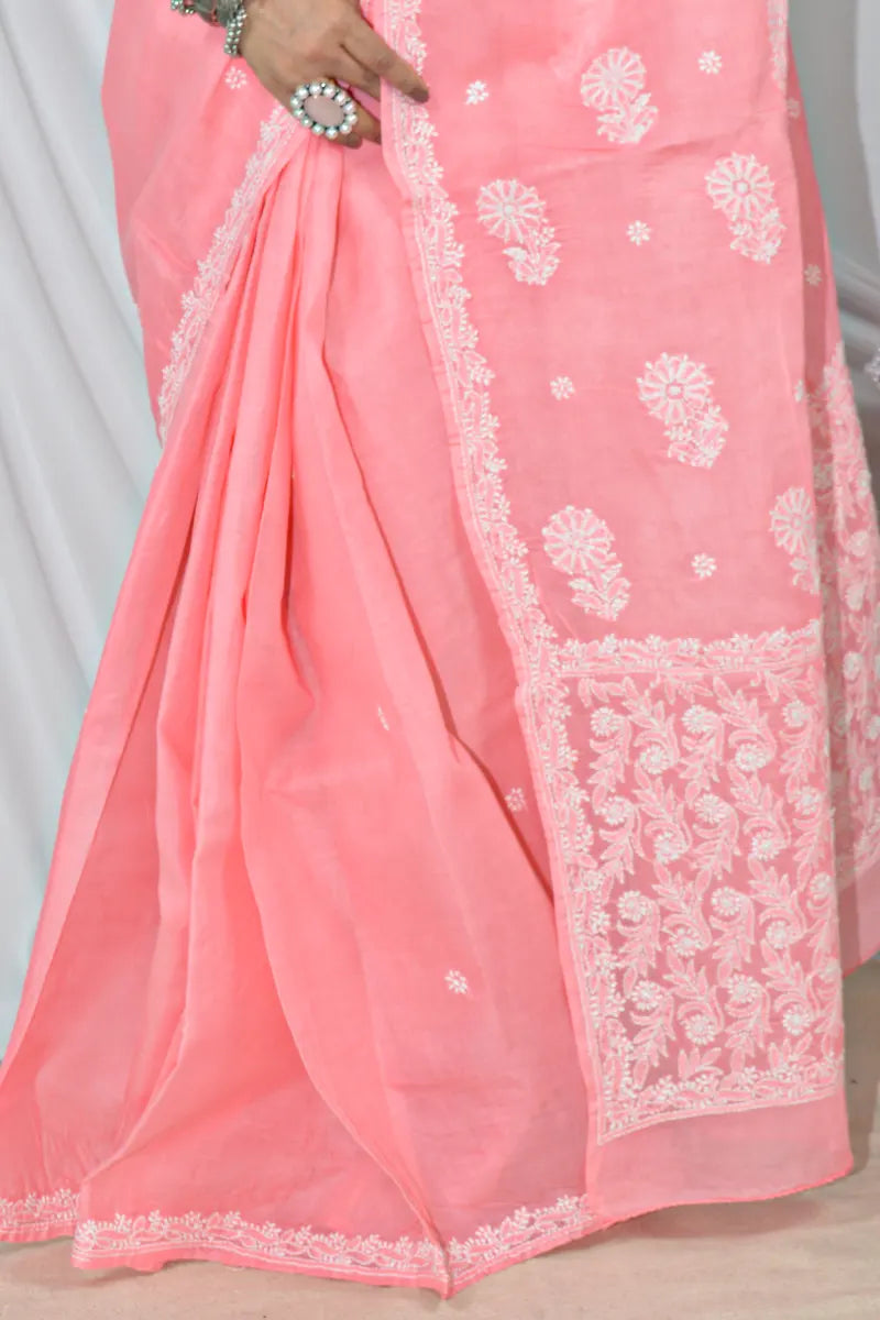 Fabnuma Handcrafted Peach Cotton Border Palla Chikankari Saree with Blouse