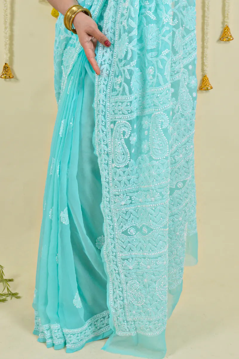 Sea Green Colour Georgette Lucknowi Chikankari Saree With Blouse